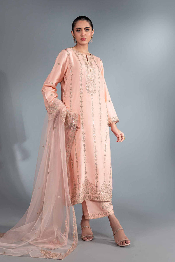 3 Piece Salmon Silk & Net Embroidered Suit