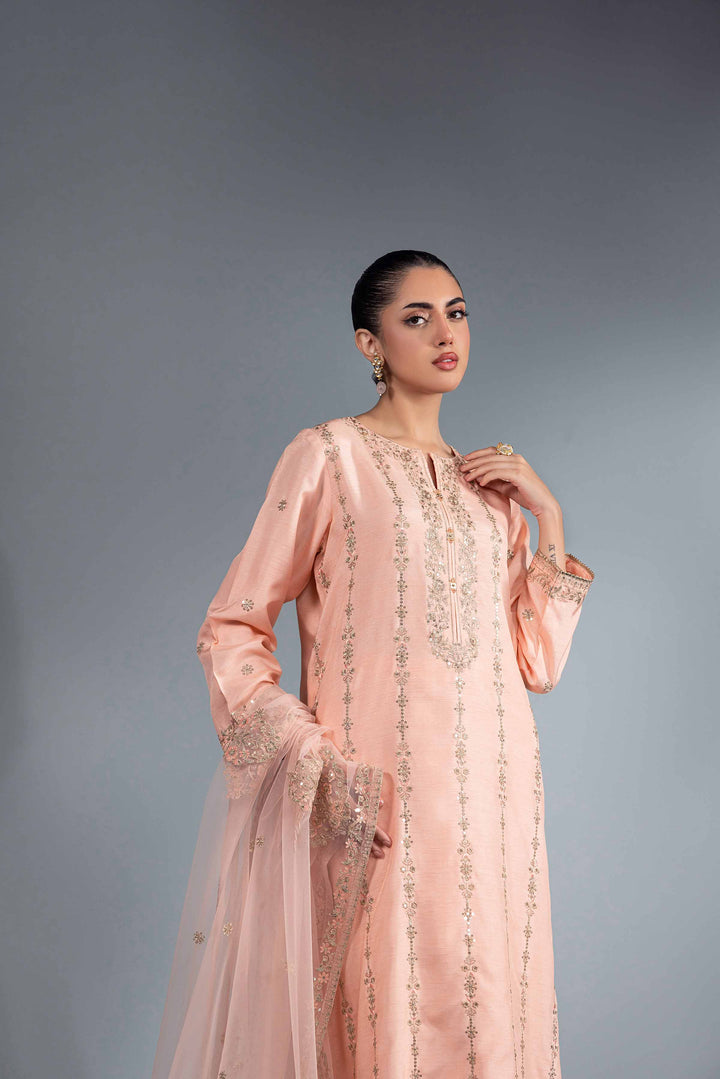 3 Piece Salmon Silk & Net Embroidered Suit