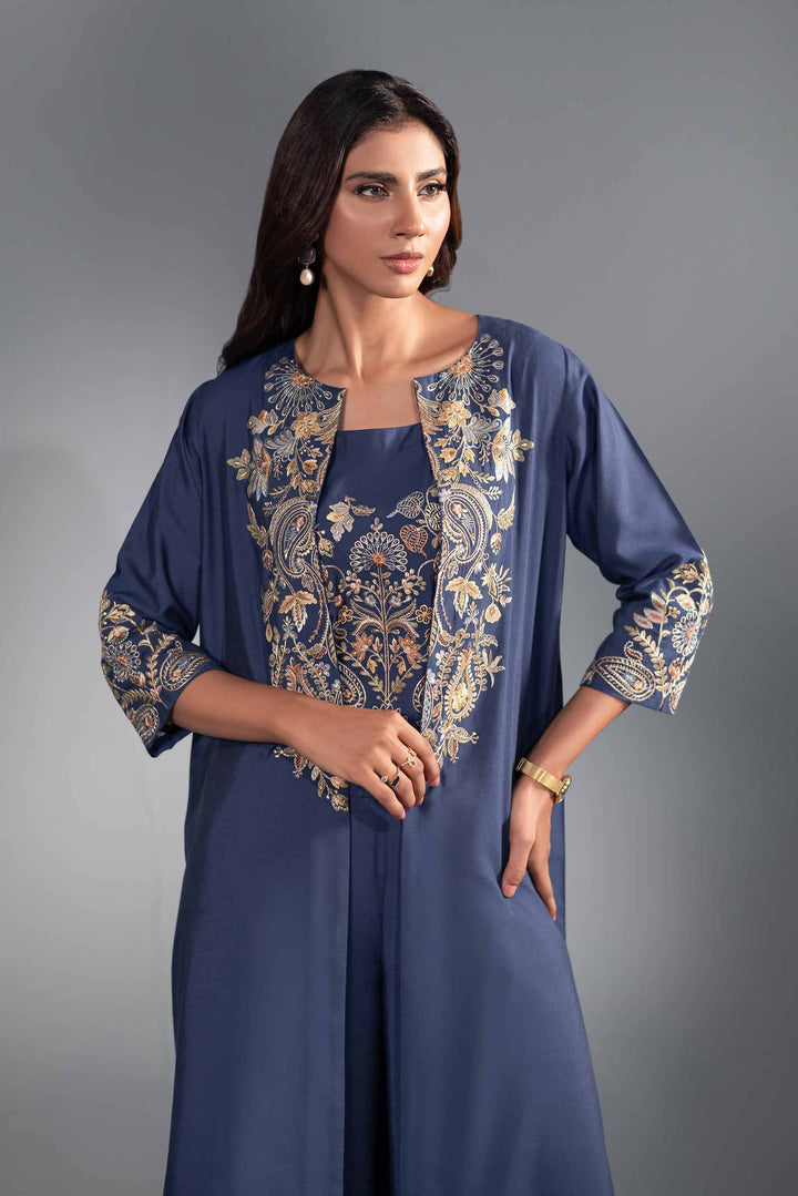 3 Piece Blue Silk Embroidered Suit