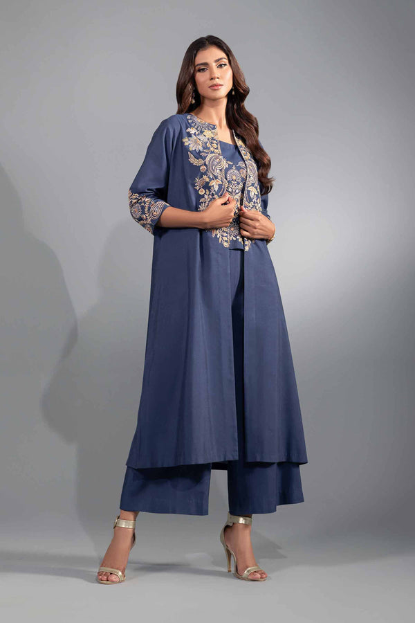 3 Piece Blue Silk Embroidered Suit