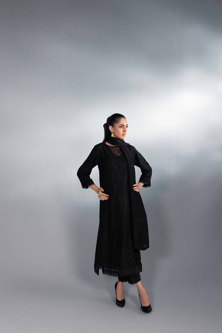 3 Piece Black Chiffon & Silk Embroidered Suit