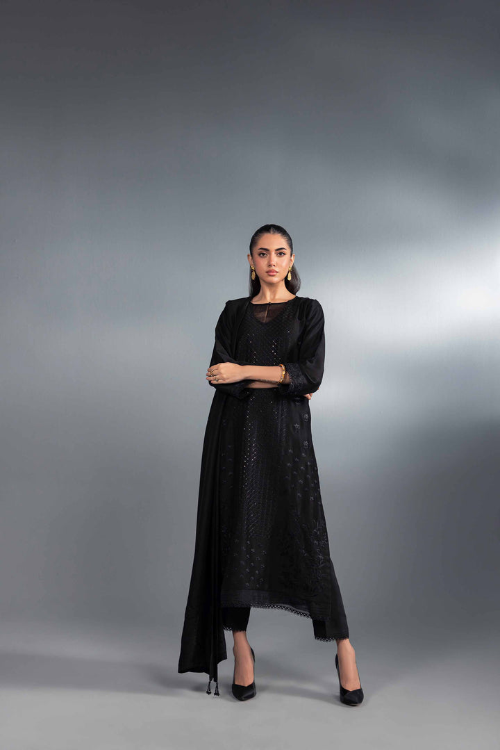 3 Piece Black Chiffon & Silk Embroidered Suit