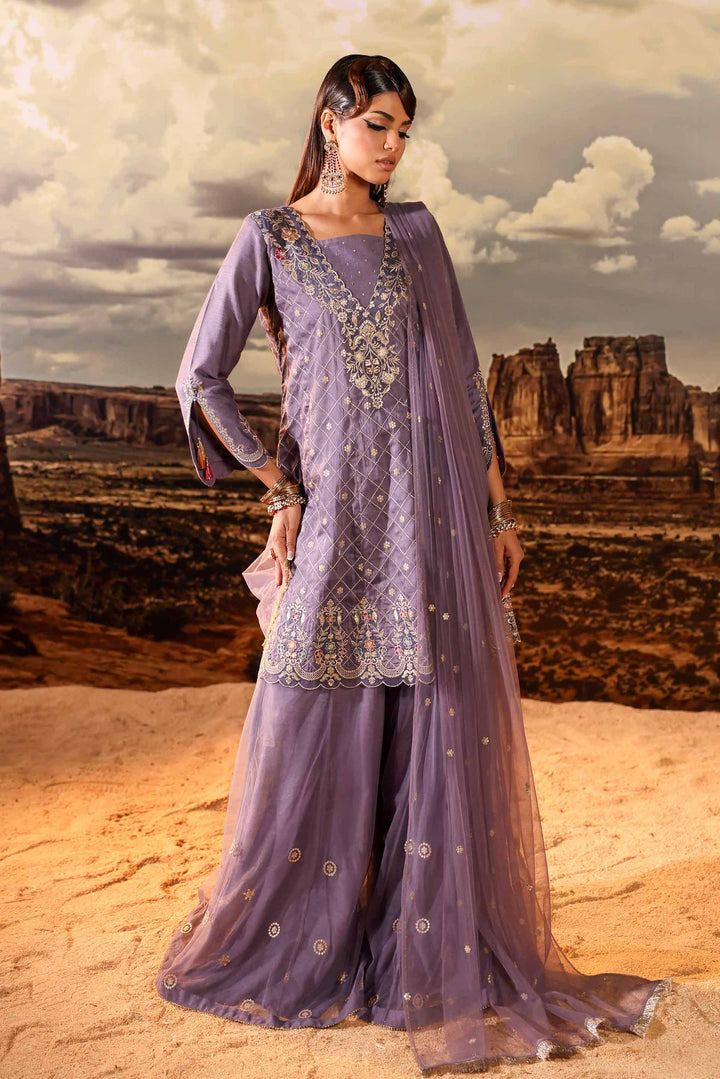 3 Piece  Net & Chiffon Lilac Embroidered Suit