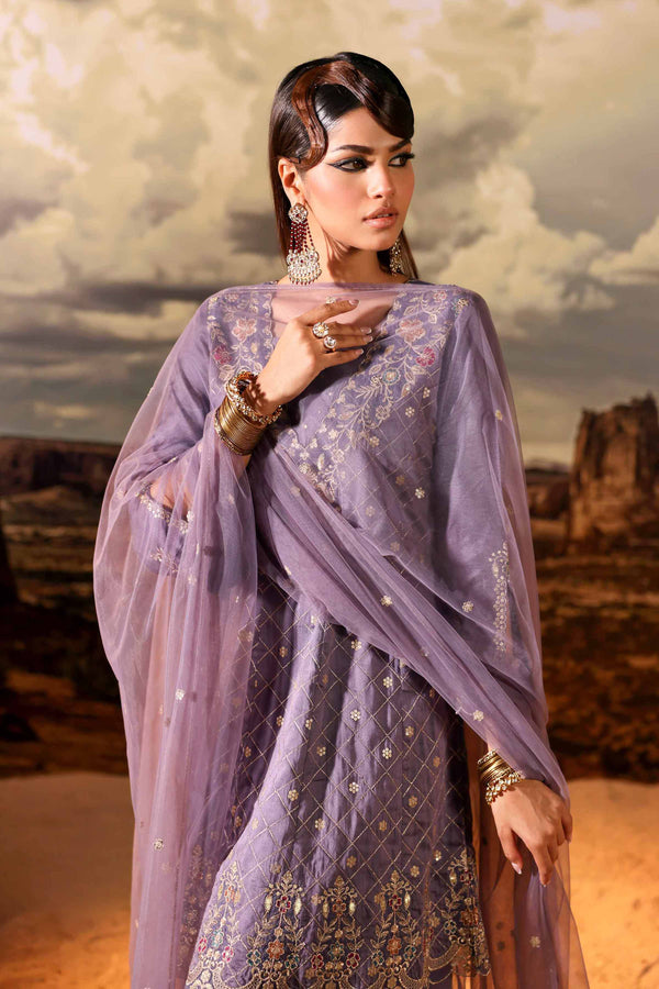 3 Piece  Net & Chiffon Lilac Embroidered Suit