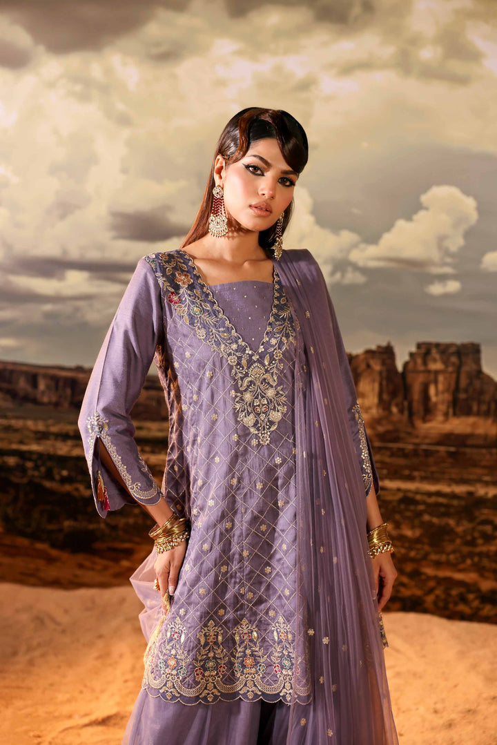 3 Piece  Net & Chiffon Lilac Embroidered Suit