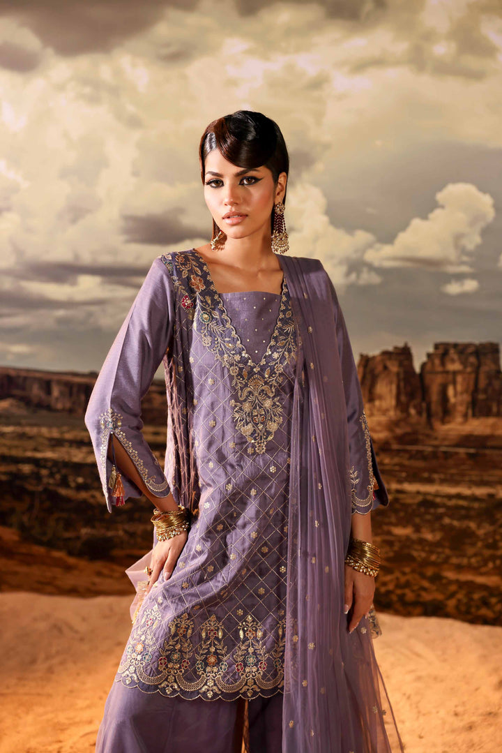 3 Piece  Net & Chiffon Lilac Embroidered Suit