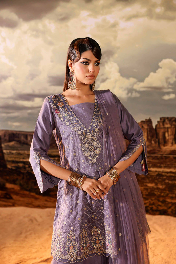 3 Piece  Net & Chiffon Lilac Embroidered Suit