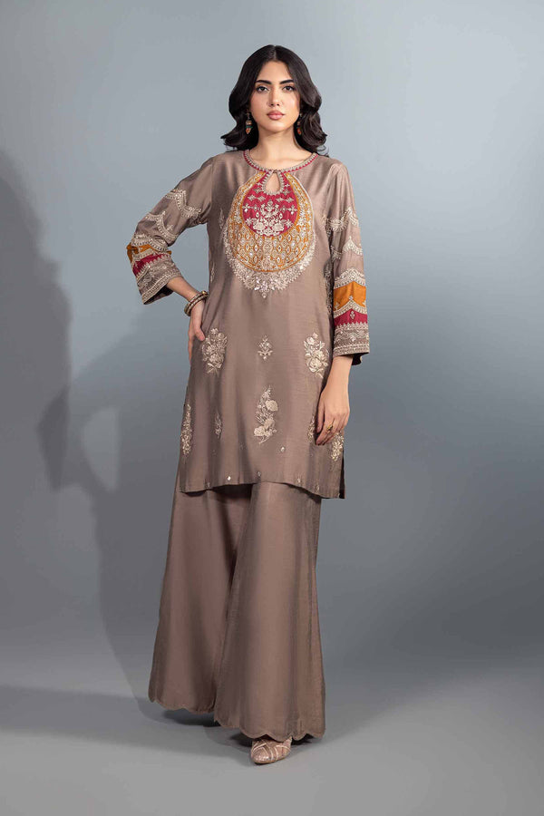 2 Piece Beige Matka Silk Embroidered Suit