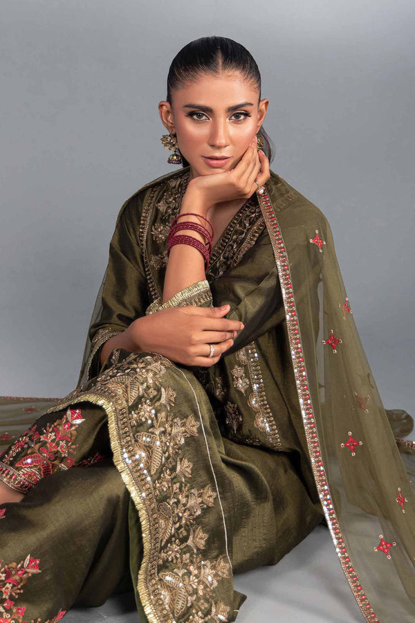 3 Piece Green Net & Silk Embroidered Suit