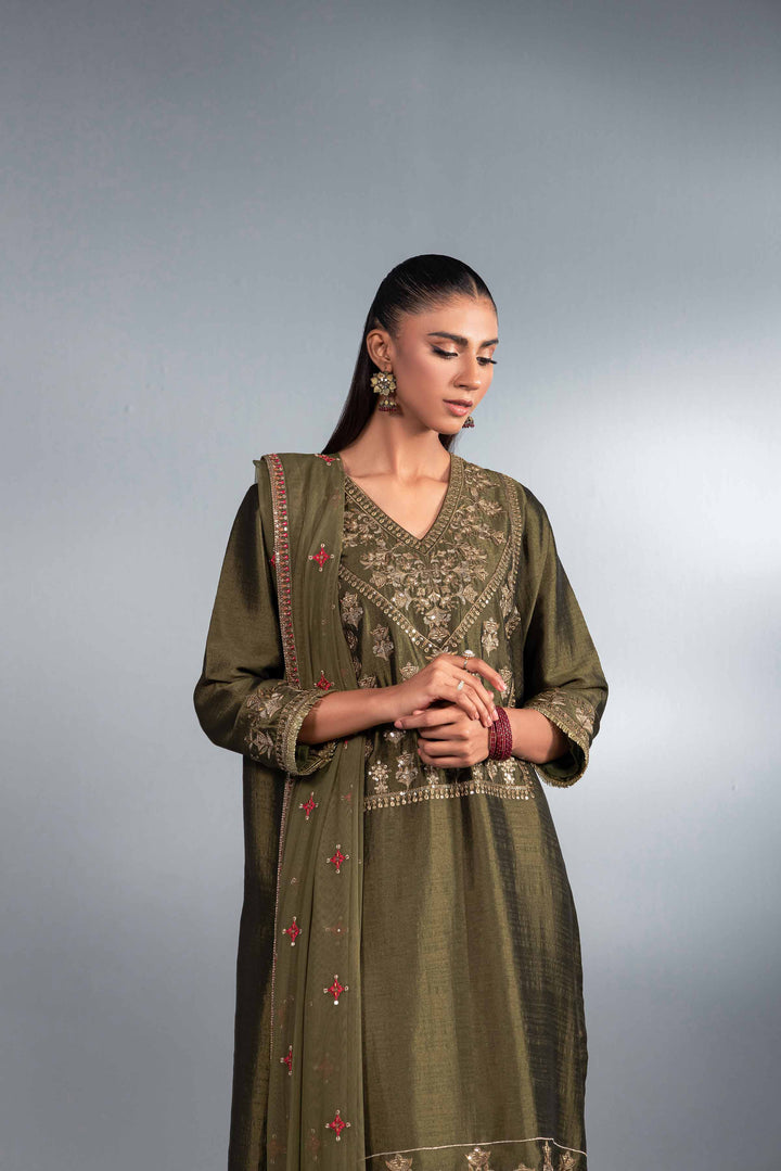 3 Piece Green Net & Silk Embroidered Suit