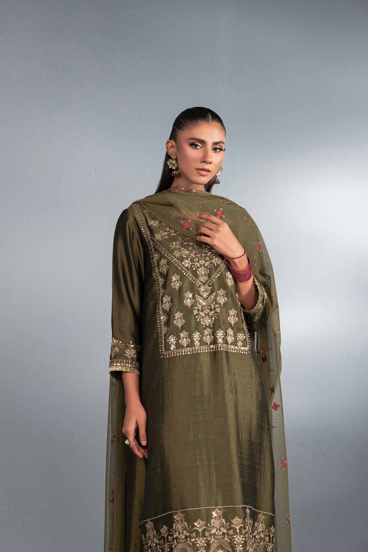 3 Piece Green Net & Silk Embroidered Suit