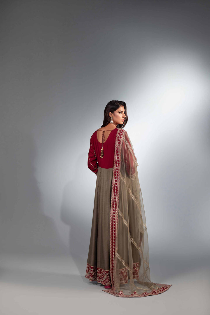 2 Piece Grey & Maroon Net & Silk Embroidered Suit