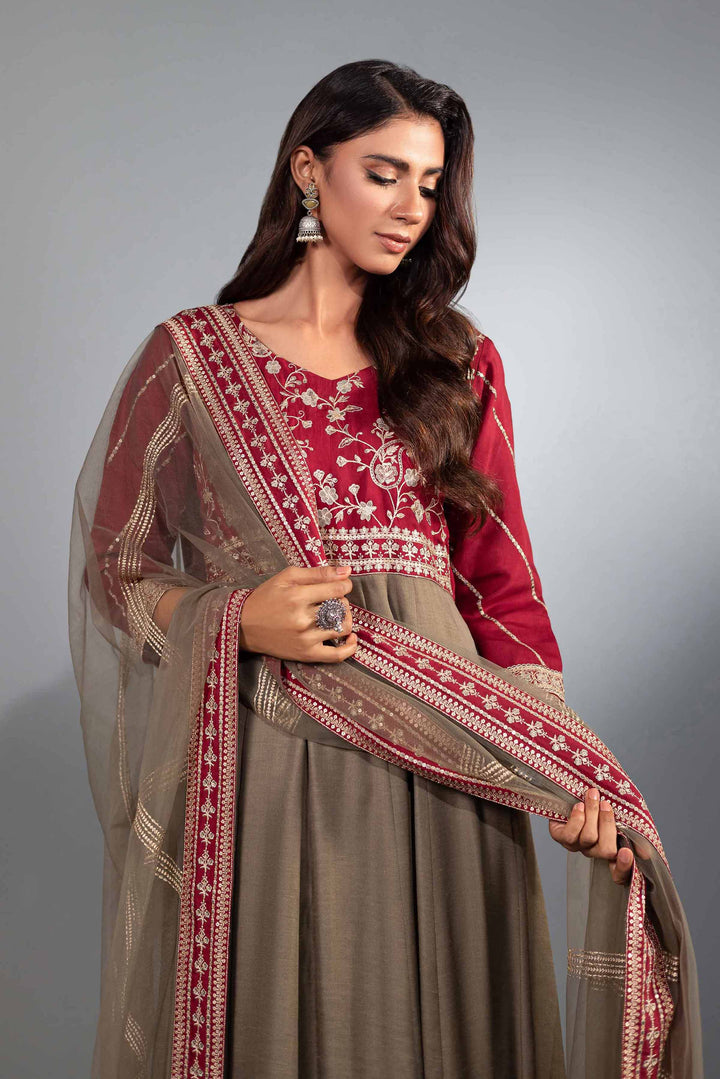 2 Piece Grey & Maroon Net & Silk Embroidered Suit