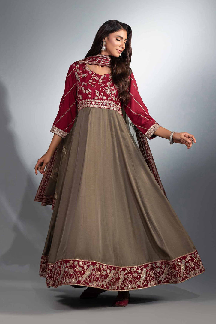 2 Piece Grey & Maroon Net & Silk Embroidered Suit