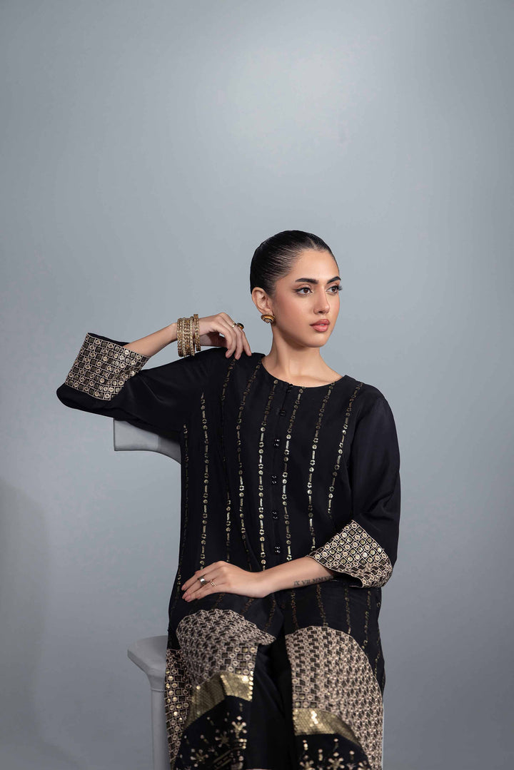 3 Piece Black Rayan Silk Embroidered Suit