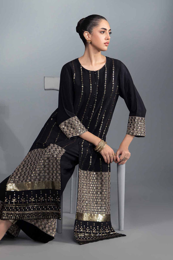 3 Piece Black Rayan Silk Embroidered Suit