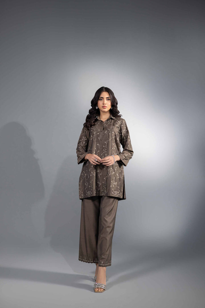 2 Piece Fancy Fabric Brown Embroidered Suit