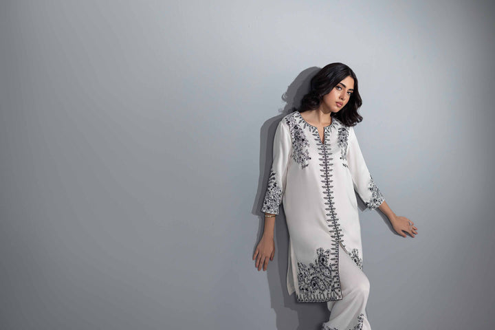 2 Piece White Silk & Chiffon Embroidered Suit