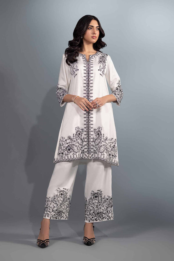 2 Piece White Silk & Chiffon Embroidered Suit