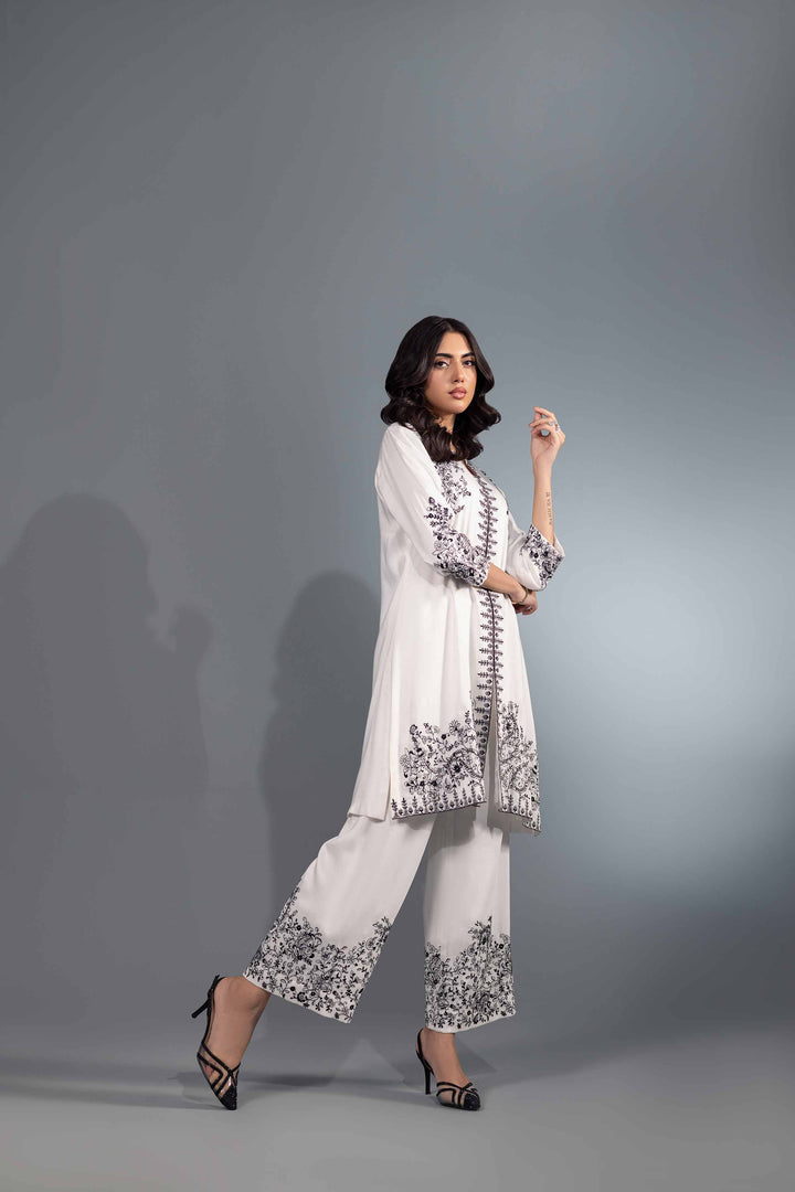 2 Piece White Silk & Chiffon Embroidered Suit