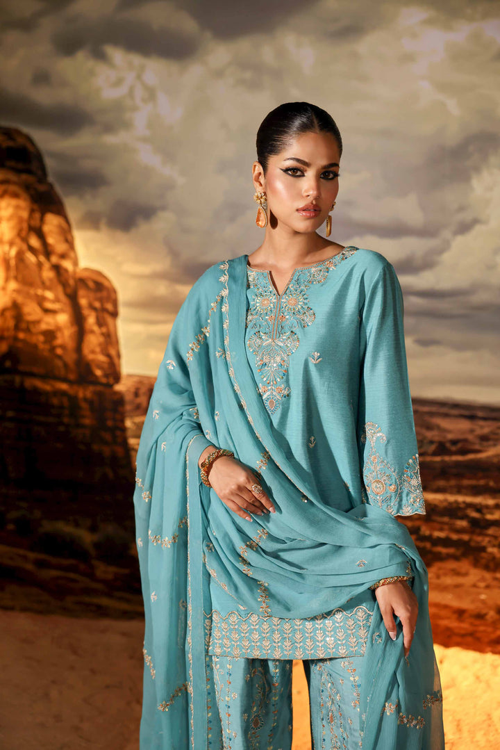 3 Piece Bemberg Chiffon & Matka Silk Ferozi Winter Suit