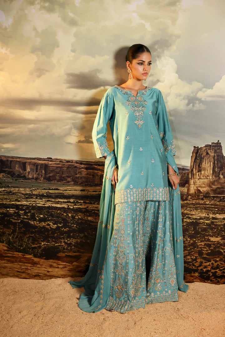 3 Piece Bemberg Chiffon & Matka Silk Ferozi Winter Suit