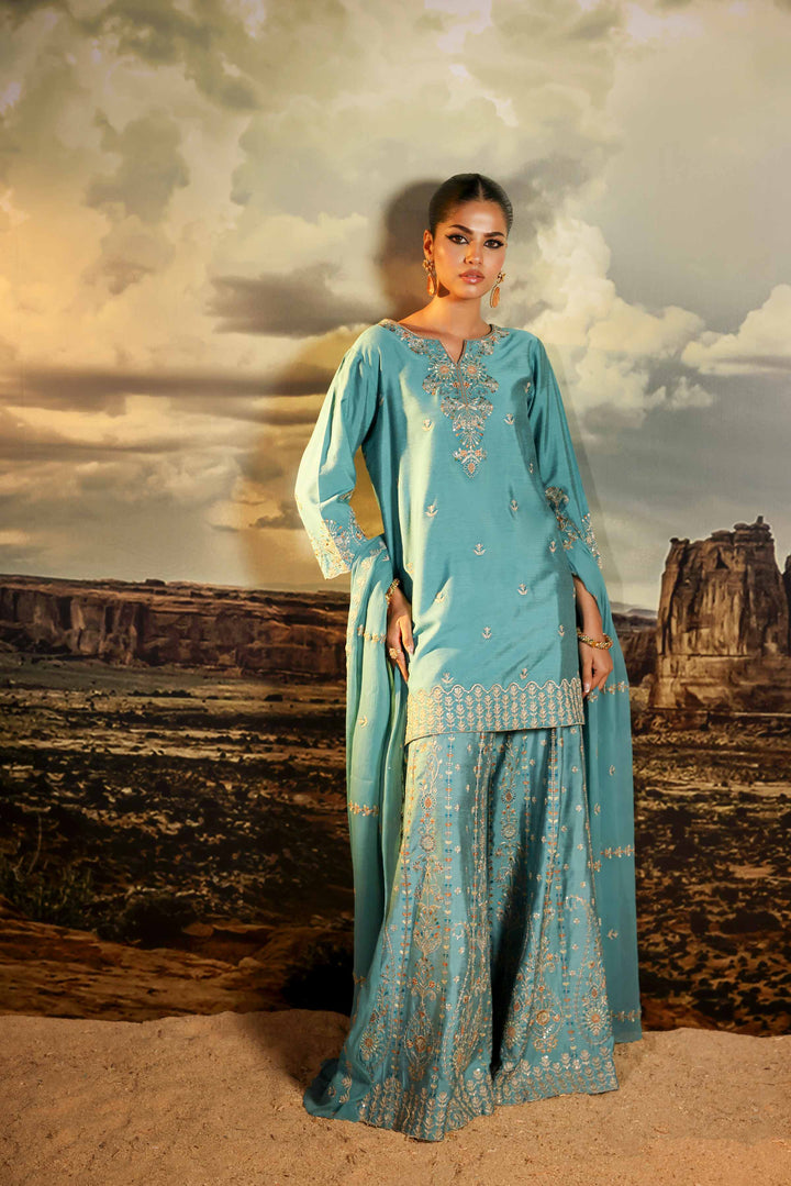 3 Piece Bemberg Chiffon & Matka Silk Ferozi Winter Suit