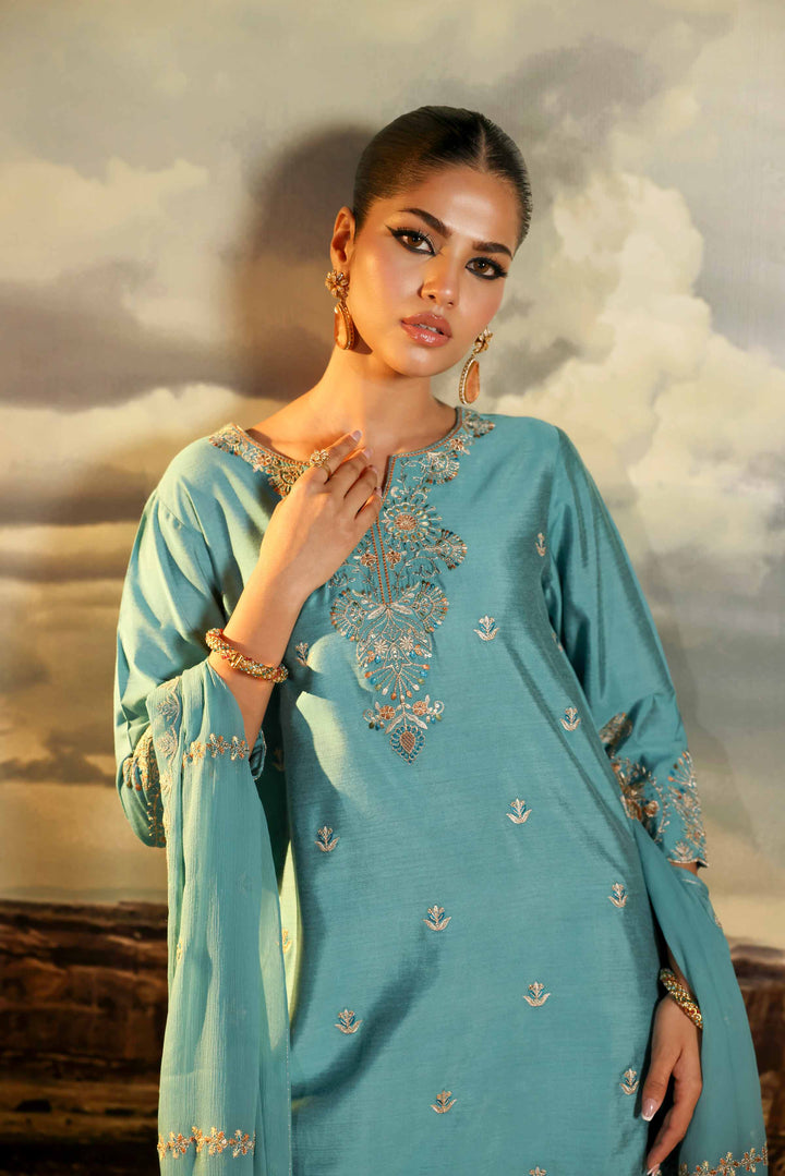 3 Piece Bemberg Chiffon & Matka Silk Ferozi Winter Suit