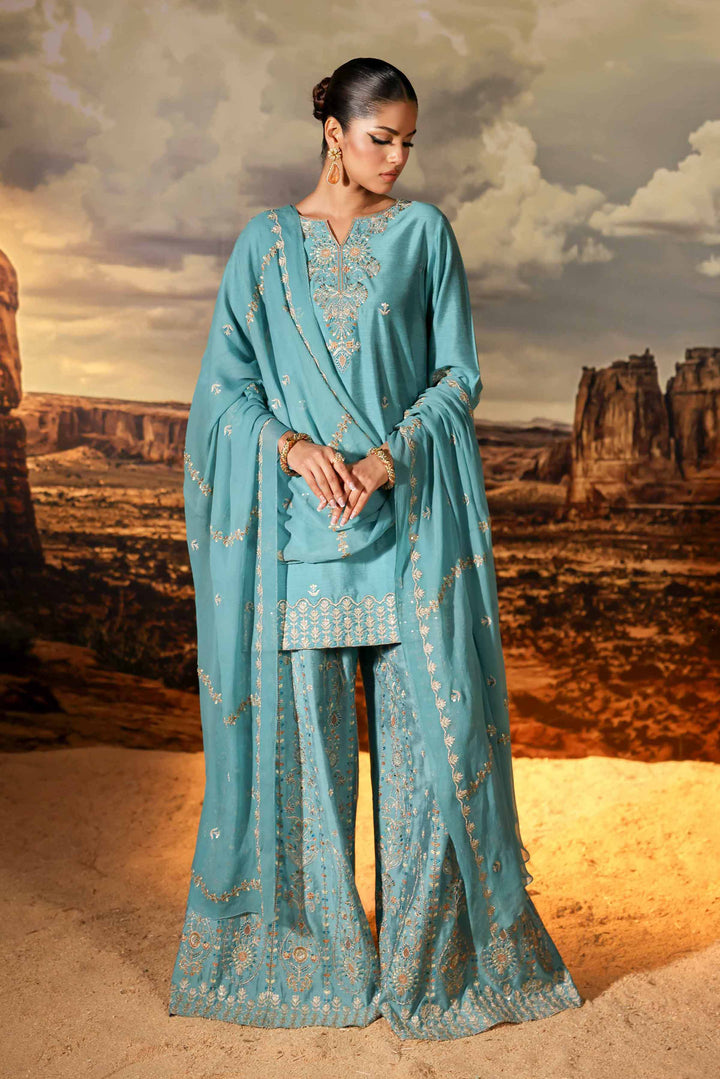 3 Piece Bemberg Chiffon & Matka Silk Ferozi Winter Suit