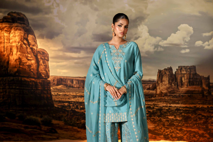 3 Piece Bemberg Chiffon & Matka Silk Ferozi Winter Suit