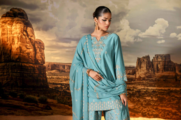 3 Piece Bemberg Chiffon & Matka Silk Ferozi Winter Suit