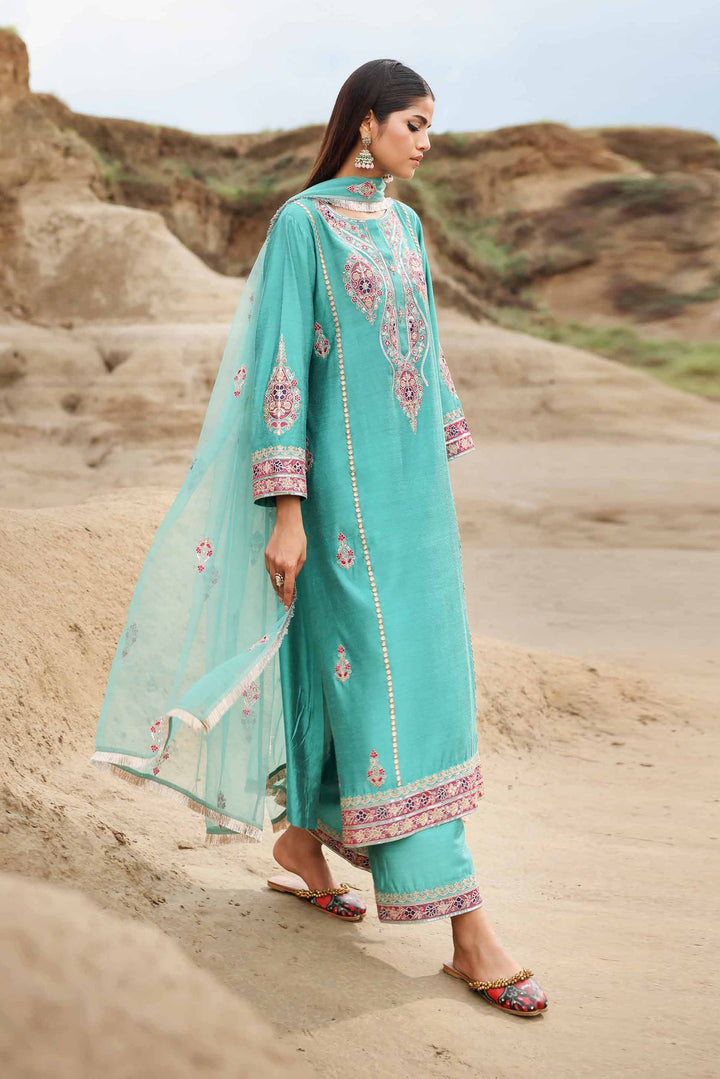 3 Piece Net & Matka Silk Aqua Printed Embroidered Suit