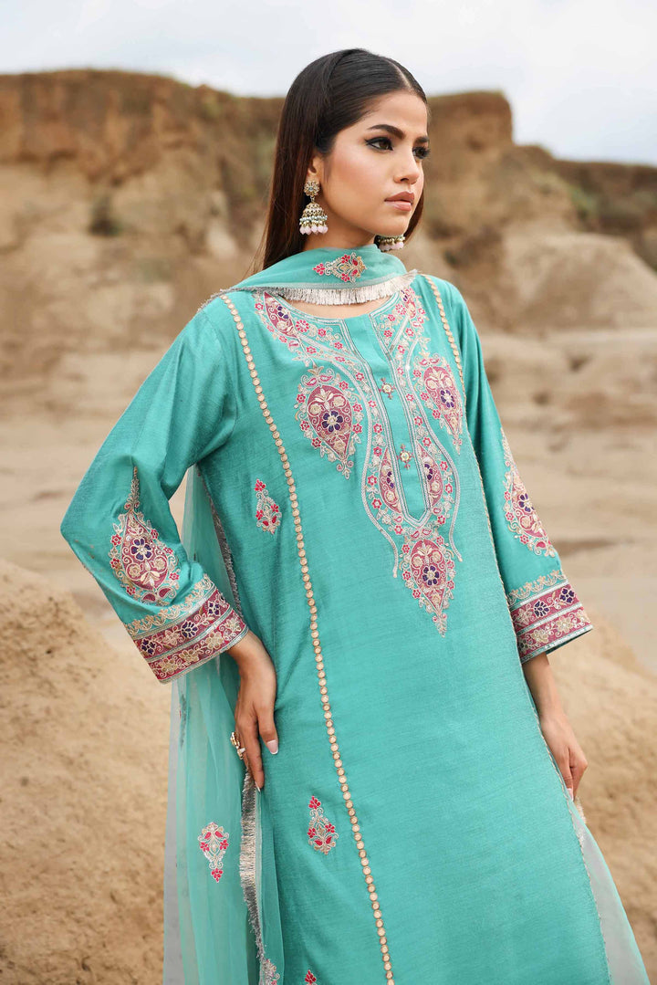 3 Piece Net & Matka Silk Aqua Printed Embroidered Suit