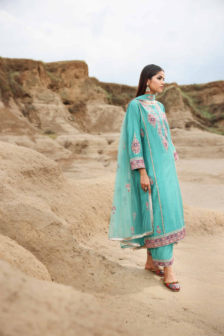 3 Piece Net & Matka Silk Aqua Printed Embroidered Suit