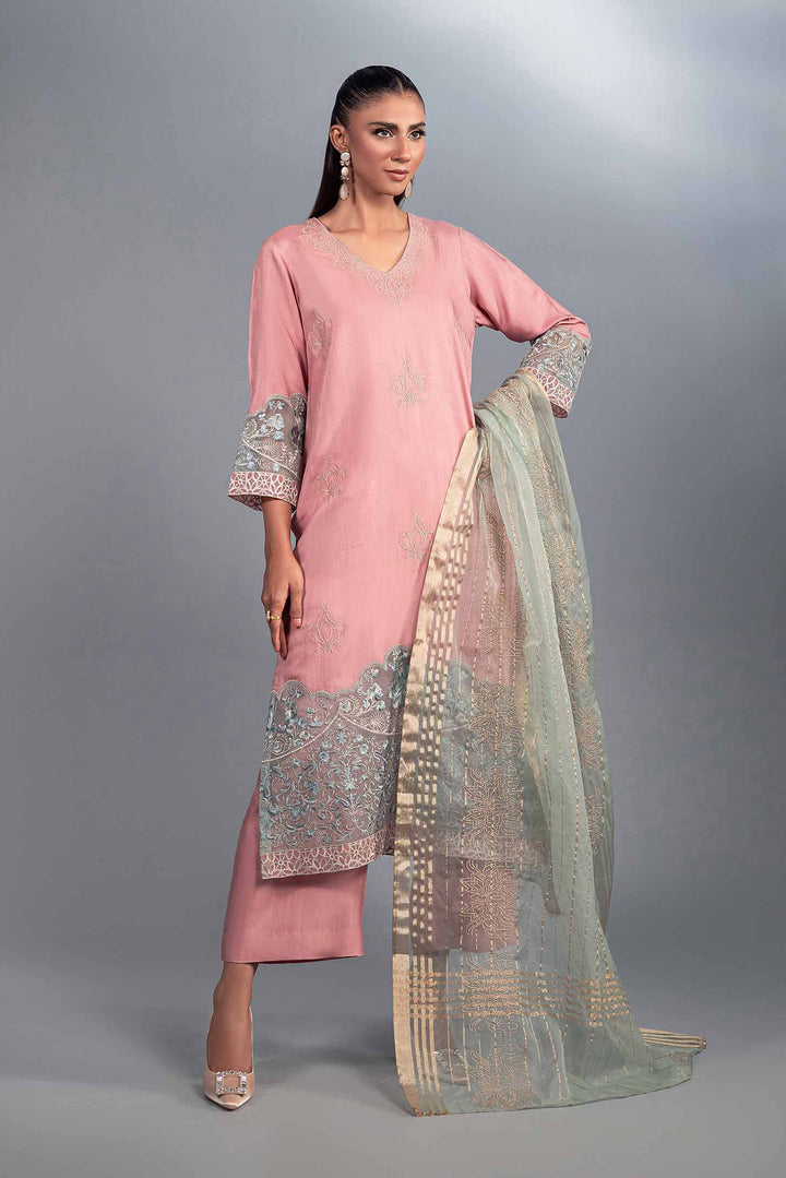 2 Piece Aqua & Pink Organza & Silk Embroidered Suit