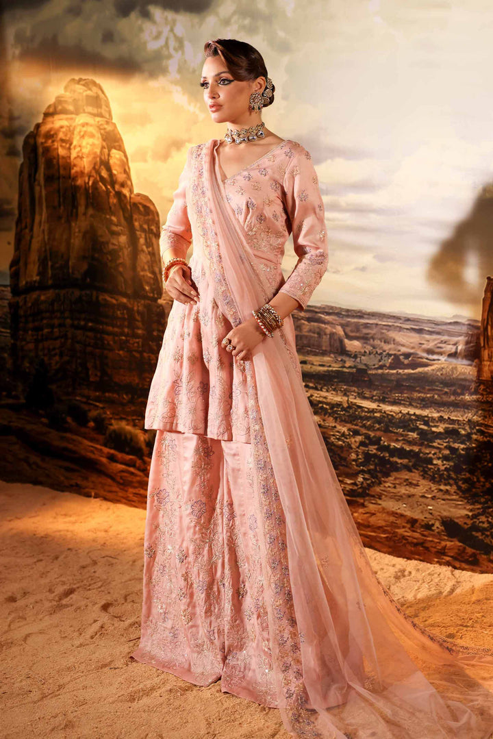 3 Piece Net & Silk Pink Embroidered Winter Suit