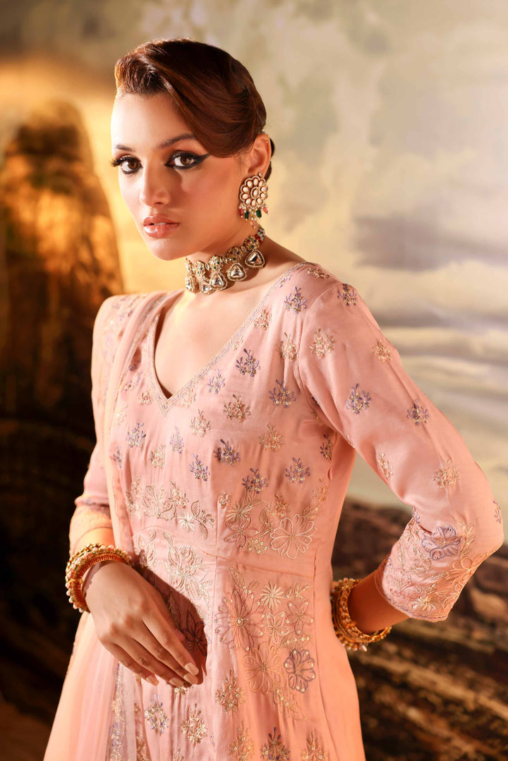 3 Piece Net & Silk Pink Embroidered Winter Suit