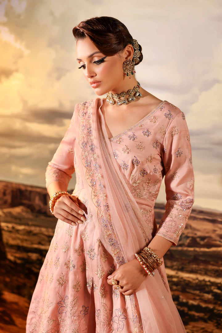 3 Piece Net & Silk Pink Embroidered Winter Suit