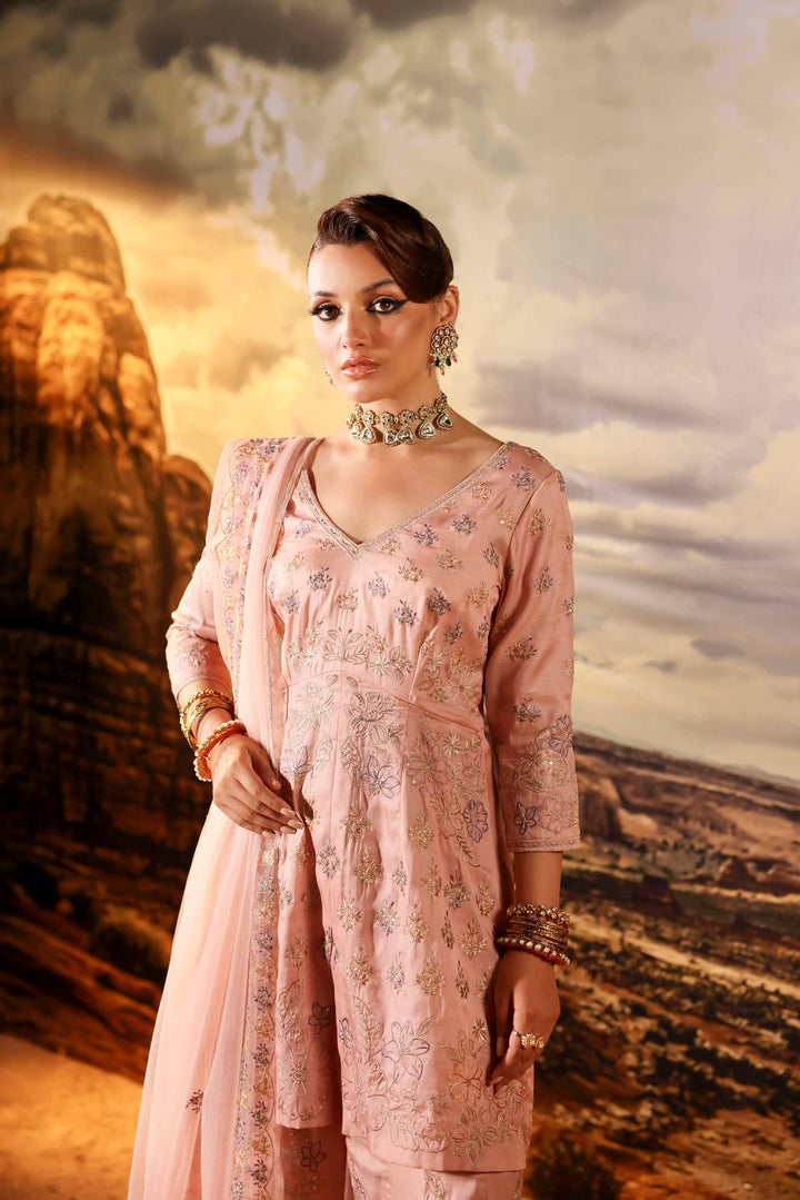 3 Piece Net & Silk Pink Embroidered Winter Suit