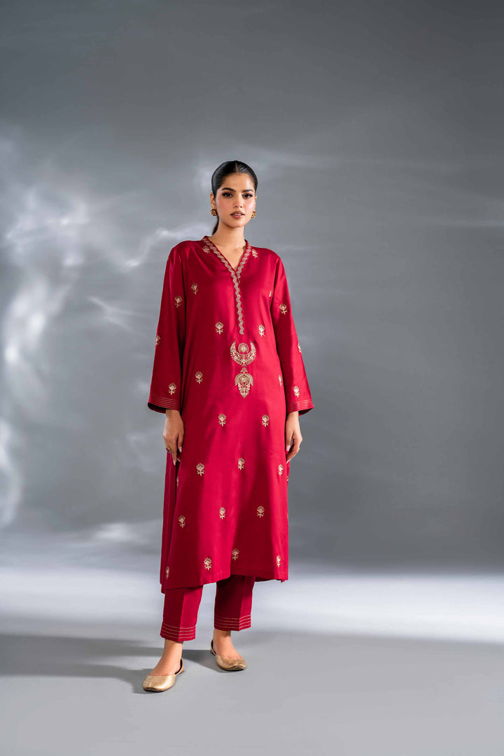 2 Piece Red Fancy Fabric Embroidered Suit