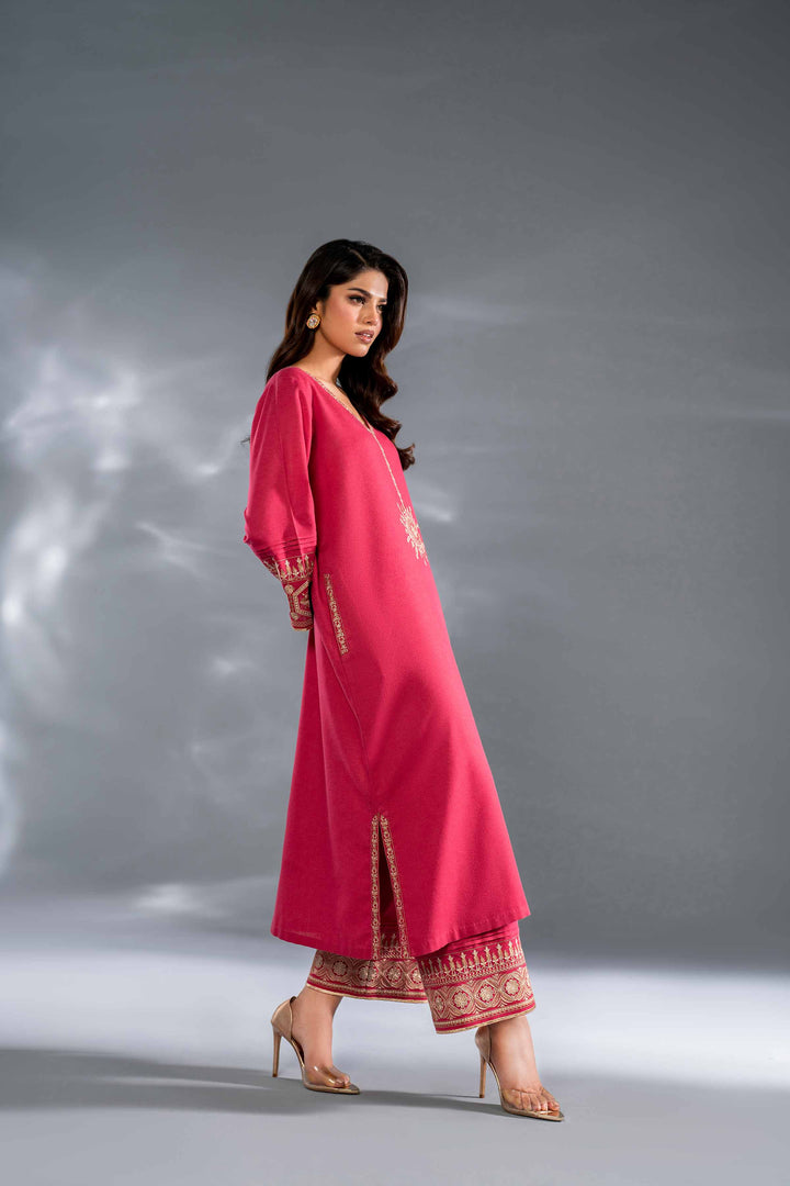 2 Piece Hot Pink Embroidered Karandi Suit