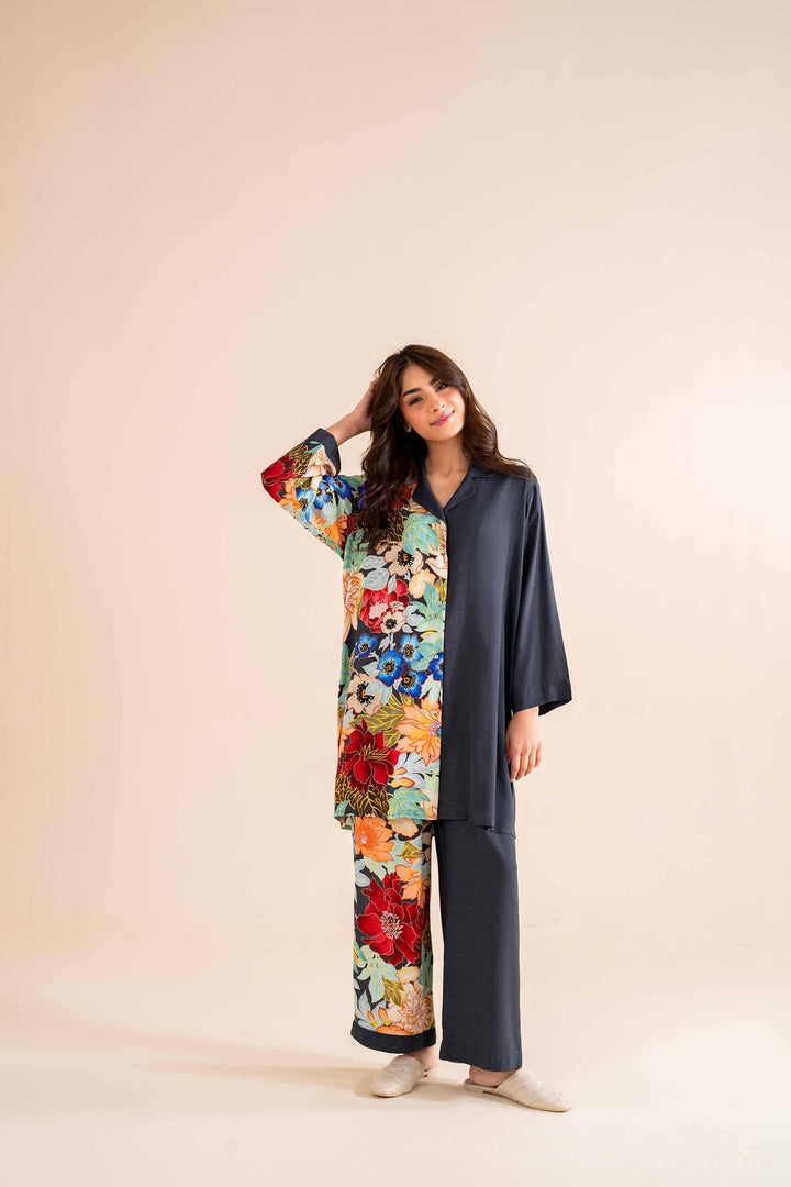 2 Piece Printed Black Linen Loungewear