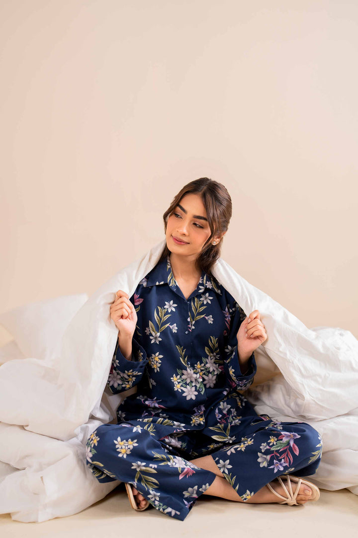 2 Piece Printed Blue & Satin Winter Loungewear