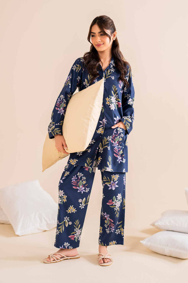 2 Piece Printed Blue & Satin Winter Loungewear