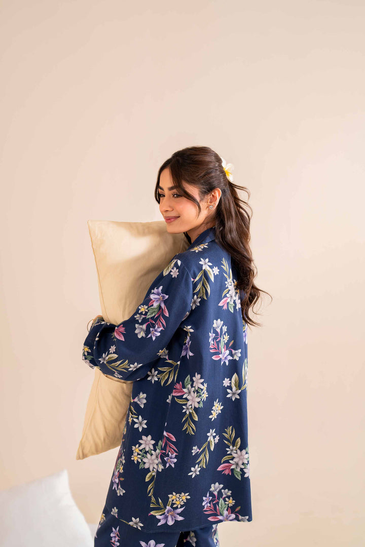 2 Piece Printed Blue & Satin Winter Loungewear