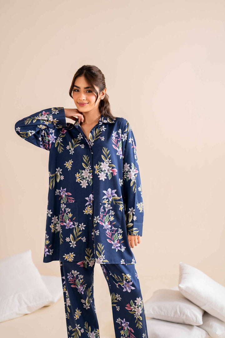 2 Piece Printed Blue & Satin Winter Loungewear