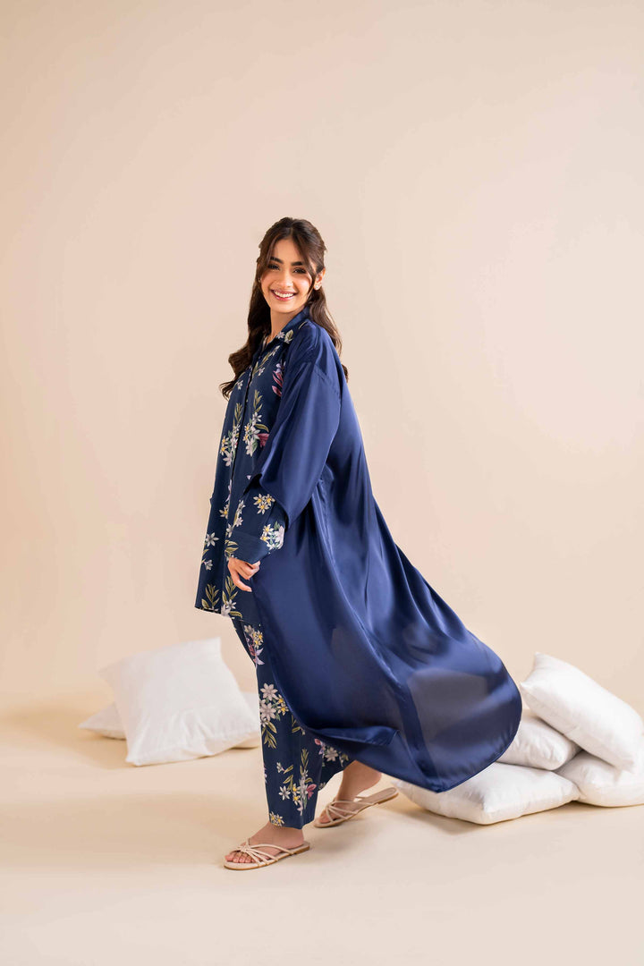 2 Piece Printed Blue & Satin Winter Loungewear