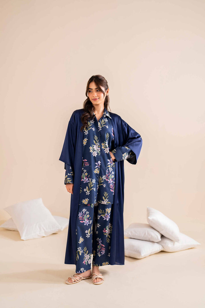 2 Piece Printed Blue & Satin Winter Loungewear