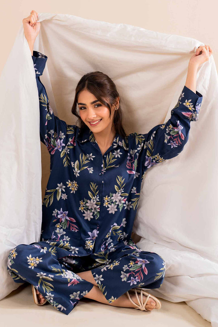 2 Piece Printed Blue & Satin Winter Loungewear