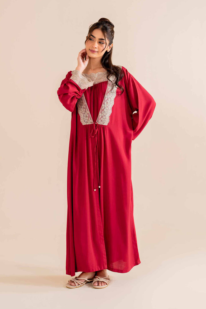 2 Piece Embroidered Red Linen Embroidered Loungewear